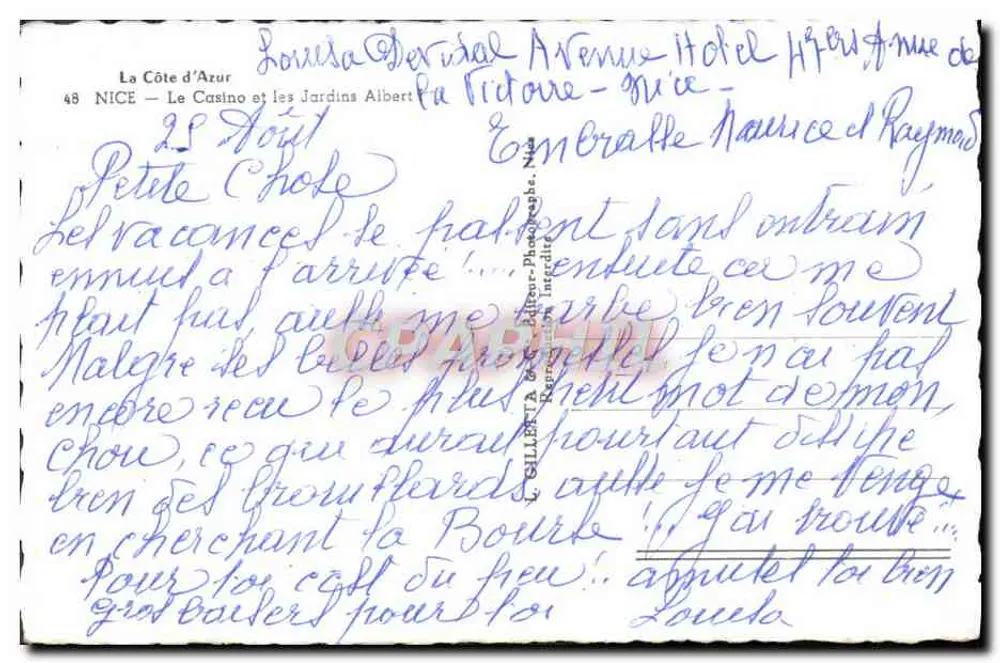 Nice — O Casino e os Jardins Albert — Editor G. GILBERTA - Verso