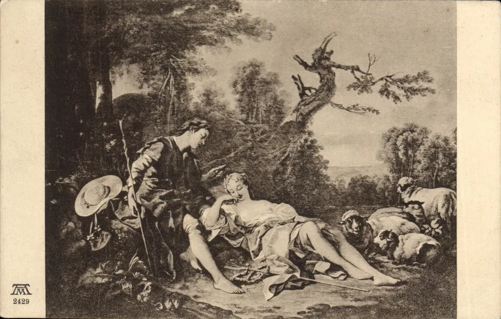 A pastoreira adormecida — La sleeping shepherdess — F. A. Ackermann, München, Nr. 2429 - Frente