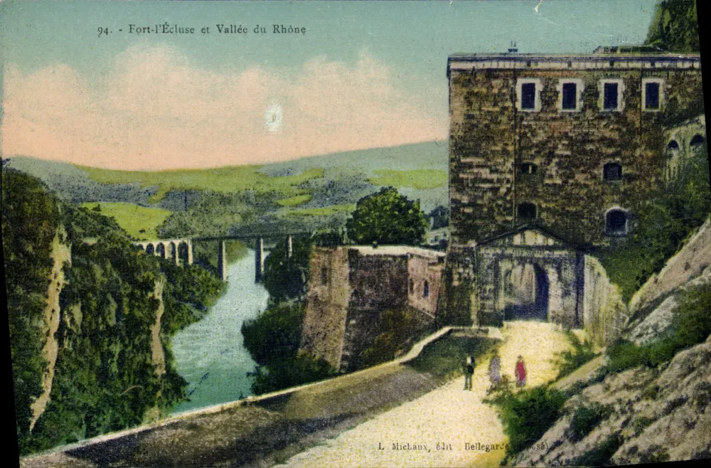 Fort-l'Écluse et Vallée du Rhône — vue du fort et du viaduc — éditeur L. Michaux, édit. Dellegarde (Rosé) - Frente