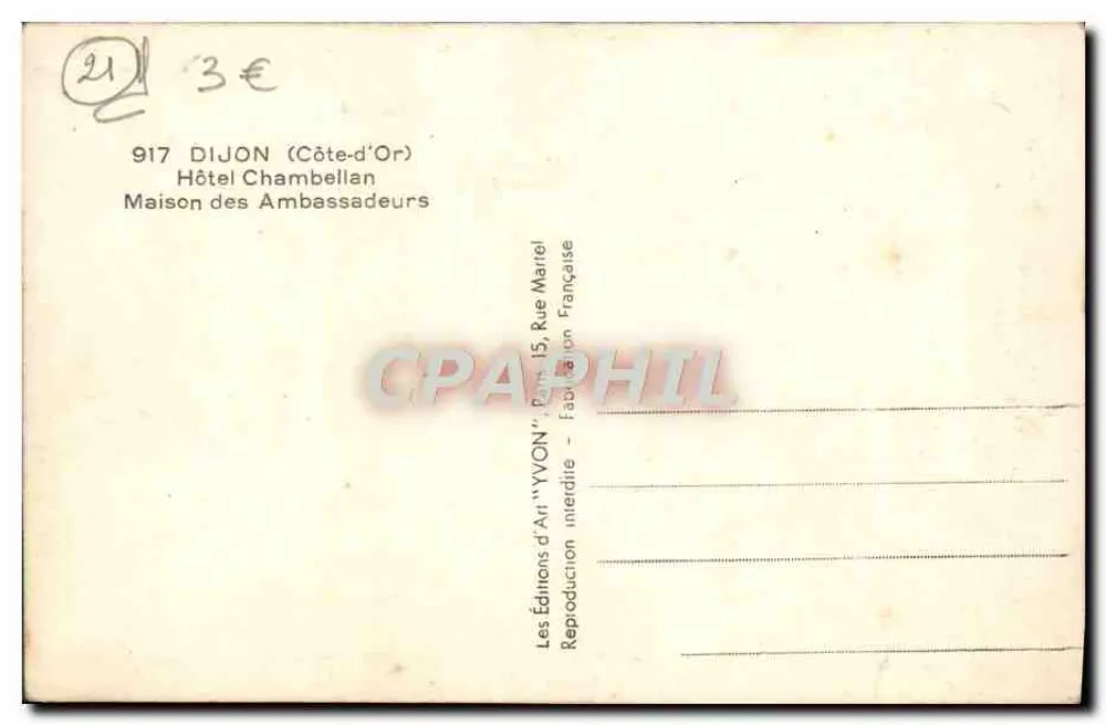 Dijon — Hotel Chambellan, Haus der Botschafter — Éditions d'Art 'YVON' - Rückseite