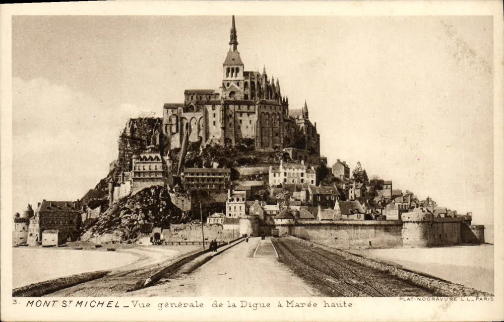 Mont Saint-Michel — Allgemeiner Blick auf den Deich bei Flut — Platinogravur L.L. Paris - Vorderseite