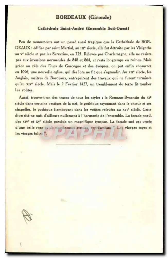Bordeaux (Gironde) — Catedral de São André (Conjunto Sudoeste) — Coleção da Solução Pautaube (3ª Série) - Verso