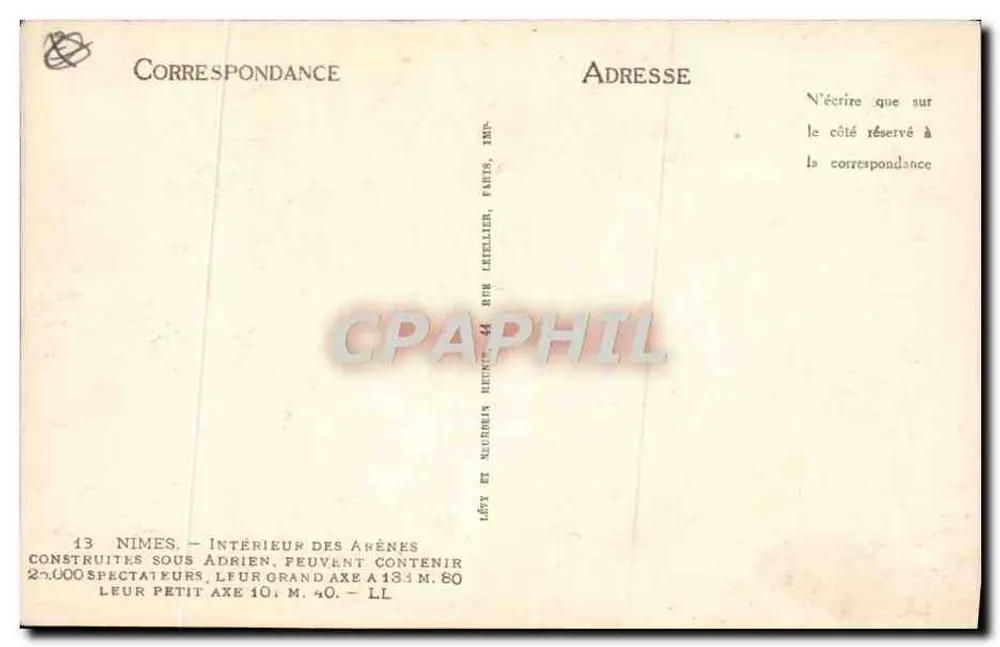 Nîmes — Vista interna das Arênes — Editor Lévy & Neudela, Paris - Verso