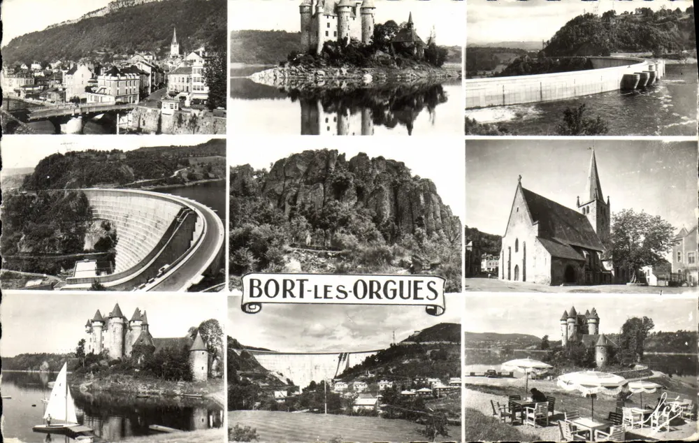 Bort-les-Orgues — vue générale avec château, barrage et église — L. Chatagneau, n°2 - Frente
