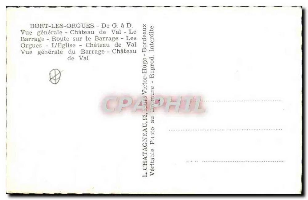 Bort-les-Orgues — vue générale avec château, barrage et église — L. Chatagneau, n°2 - Verso