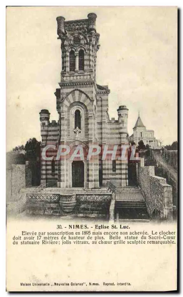 Nîmes - Igreja de São Lúcio — torre não concluída, estátua do Coração Sagrado — Maison Universelle, Nouvelles Galeries, Nîmes - Frente