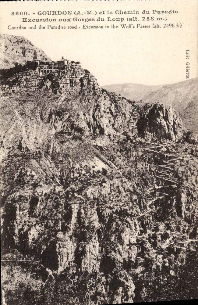 Gourdon (A.-M.) und der Chemin du Paradis — Ausflug zu den Gorges du Loup (Höhe 758 m.) — Édit Gilletta, n° 3600 - Vorderseite