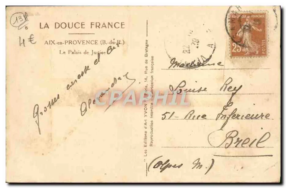 O Palácio de Justiça em Aix-en-Provence — Editor: Les Éditions d'Art Yvon — Número de série: W.399 - Verso
