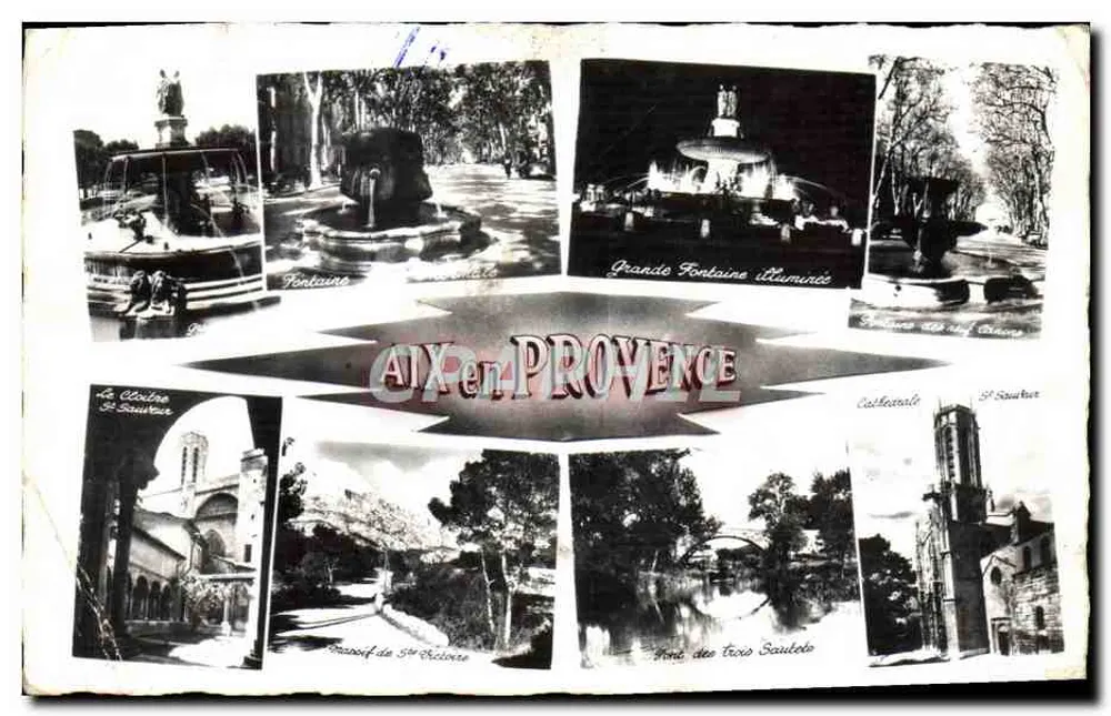Aix-en-Provence — Kolekcja miejsc (fontanny, katedra, most) — Wydawca nieznany, numer serii nie widoczny - Awers
