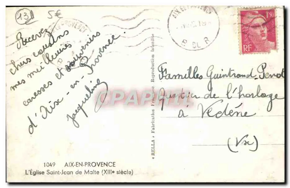 Igreja de São João da Malta — Aix-en-Provence — editor Rella, n° 1049 - Verso