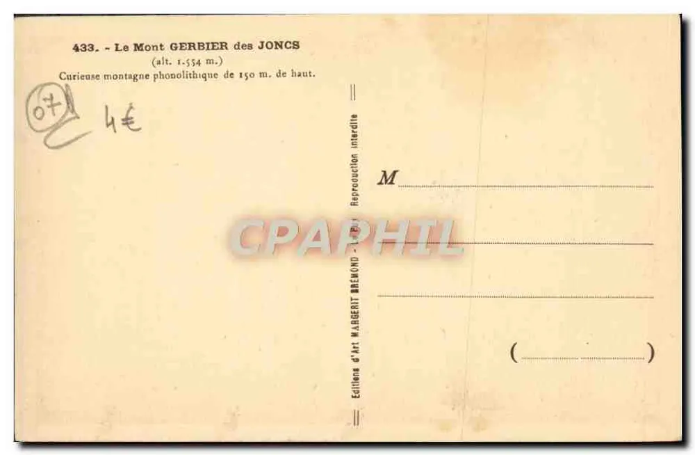 Mont Gerbier des Joncs — montagne phonolitique — Éditions d'Art Margerit Brenond, n° 433 - Rückseite