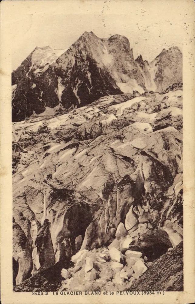Biały Lódowiec i Pelvoux (3954 m) — kartka pocztowa nr 8408.3 — wydawca A. Hourlier, Grenoble - Awers