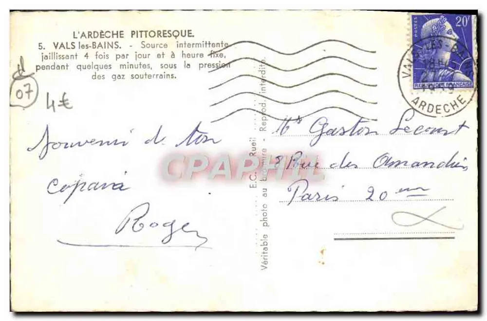 Vals-les-Bains — Fontaine intermittente — E.C. Ruell, n°5 - Verso