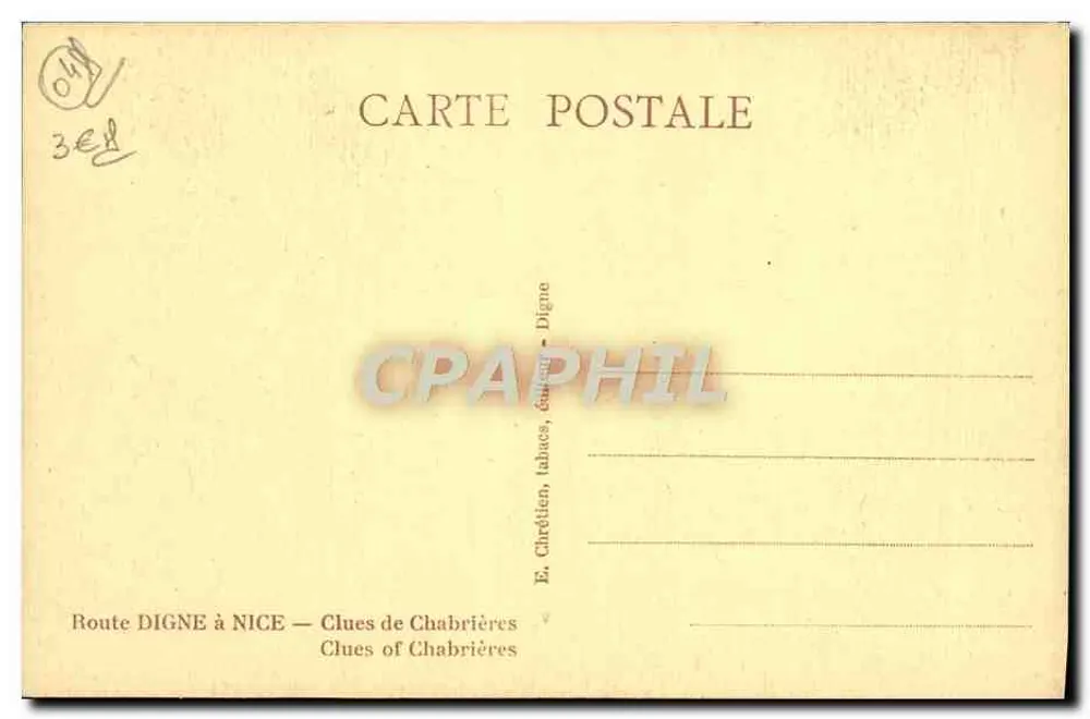 Clues de Chabrières — Digne — Editor E. Chrétien, tabacs, editor - Digne - Verso