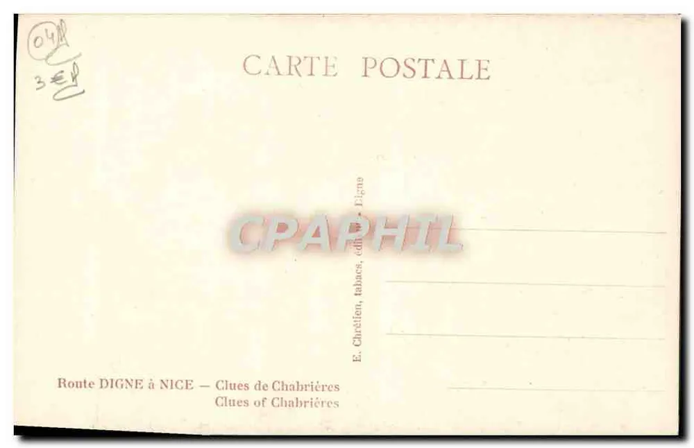 Rodovia Digne a Nice — Clues de Chabrières — E. Chrétiën, tabacs, editor, Digne - Verso