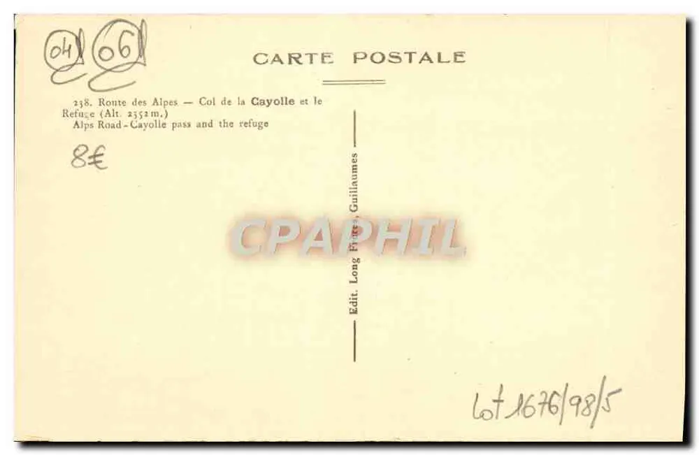 Col de la Cayolle und das Schutzhaus — 238. Route des Alpes — Alt. 2352 m. — MARIO - Rückseite