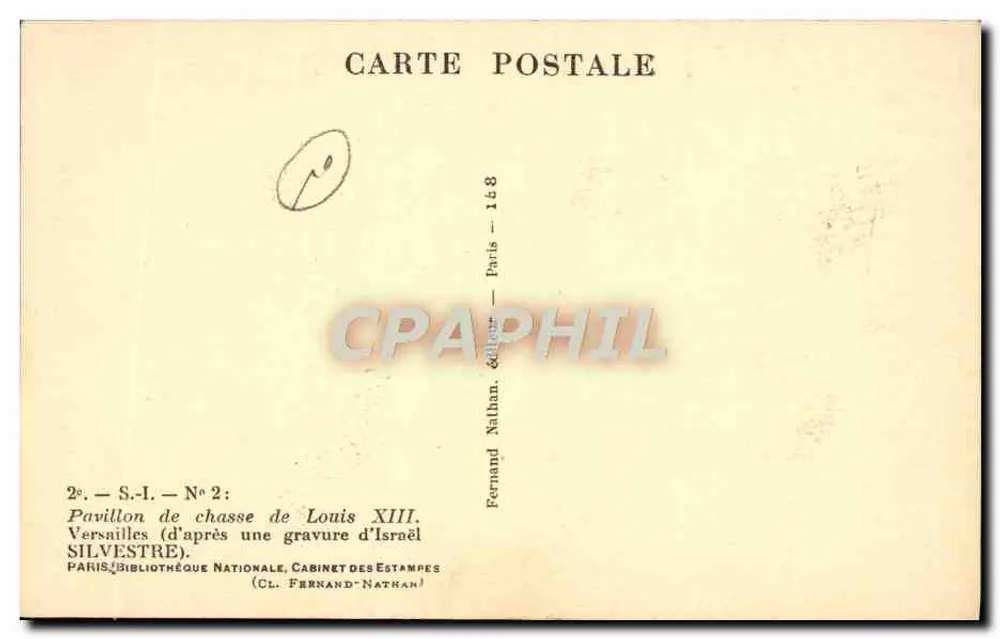 Pavillon de caza de Luis XIII — Versalles — editor Fernand Nathan, n° 2 - Reverso