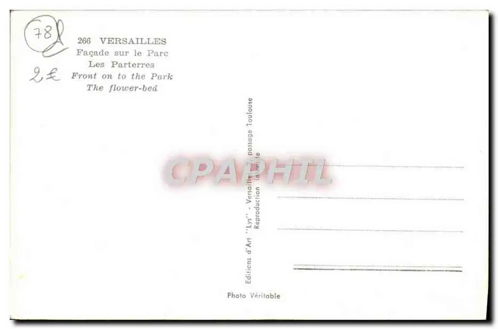 Versalhes — Facha da entrada para o Parque, os Jardins — Edições de Arte 'Lys' n°266 - Verso