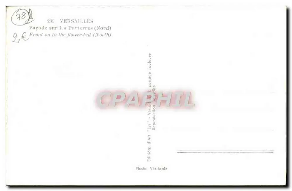 Versailles — Fachada sobre os Parterres (Norte) — Edições de Arte 'Lys', n°231 - Verso