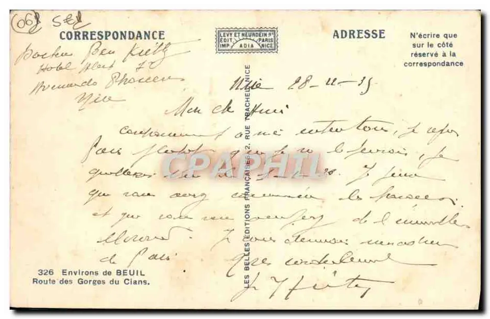Environs de BEUIL — Route des Gorges du Clans — Éditeur Levy et Neudien, Paris - Verso