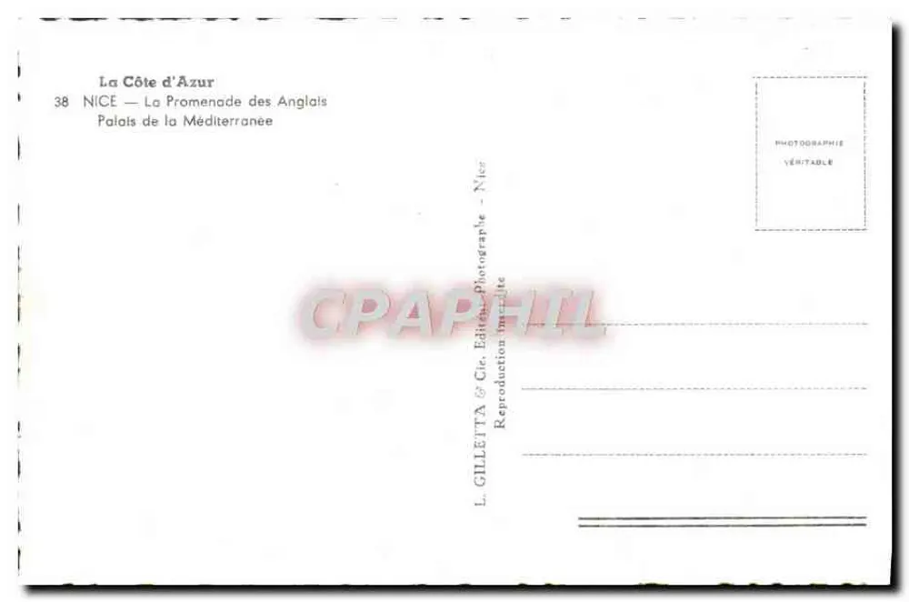 Nice — La Promenade des Anglais — Palais de la Méditerranée — L. GILEITA & Cie, Nice - Verso