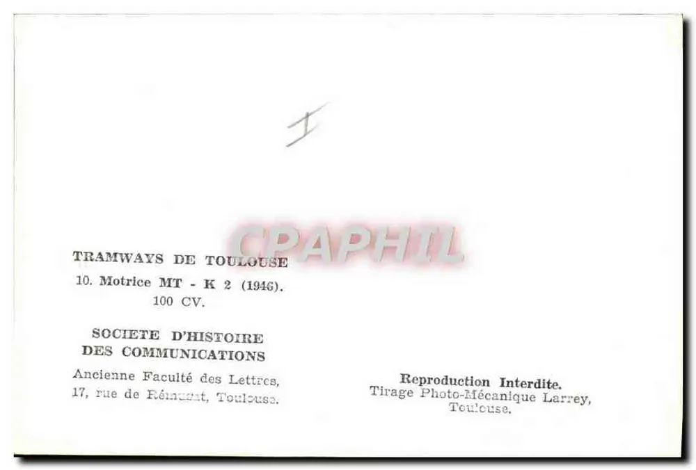 Tramwaj w Tuluzie — Motrice MT-K 2 (1946) — Société d'Histoire des Communications - Rewers