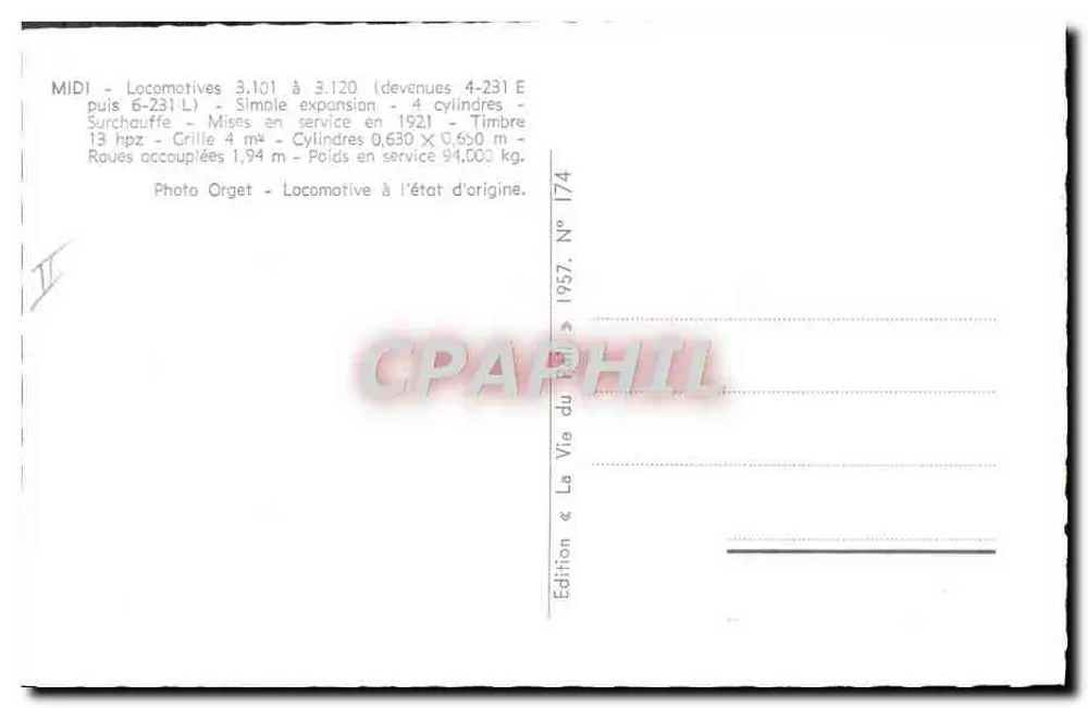 Locomotiva a vapor — Série 3.101 a 3.120 (tornadas 4-231 E) — Edição « La Vie du Rail » N° 174 - Verso