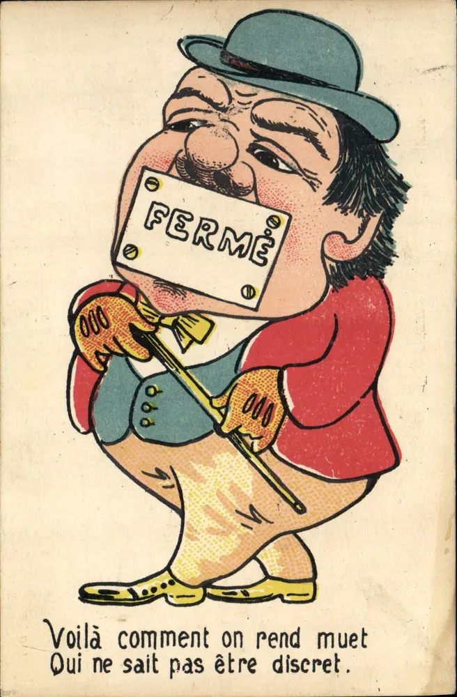 Caricatura de um homem com um cartaz 'FERMÉ' — editor não visível - Frente