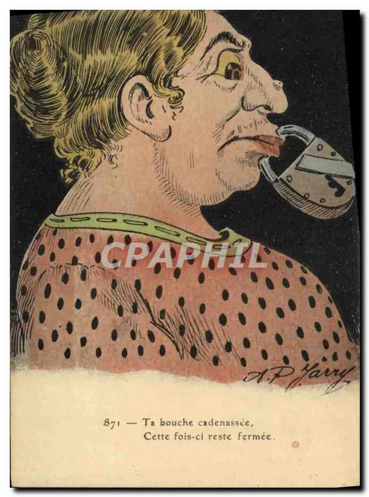 Caricature d'une femme avec une bouche verrouillée — A.P. Harry, n° 871 - Recto