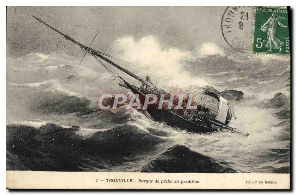 Trouville — Barca da pesca in pericolo — Collezione Delatre - Recto