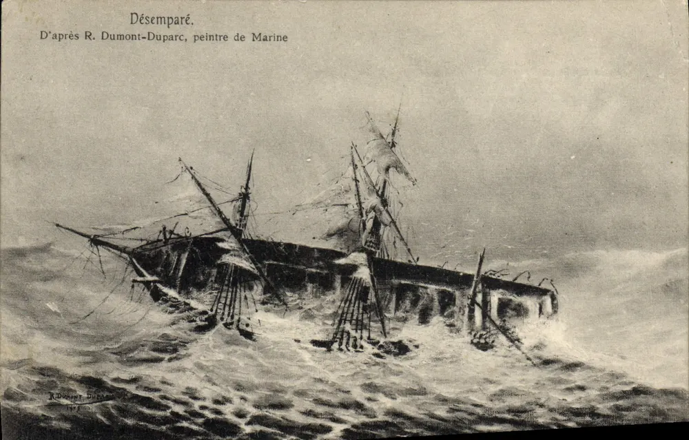 In Not geratenes Schiff — maritime Szene — Kupferstich nach R. Dumont-Duparc, herausgegeben von R. Duvigny, n° 1977 - Vorderseite