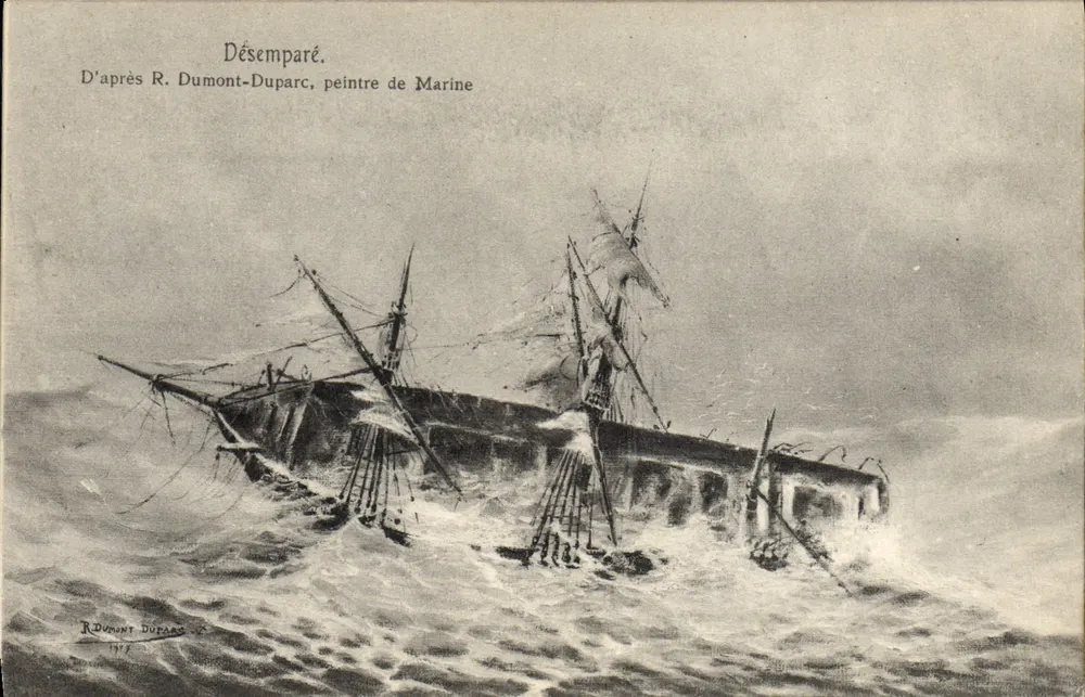 Navire en détresse — D'après R. Dumont-Duparc, peintre de Marine — R. Dumont-Duparc, 1917 - Recto