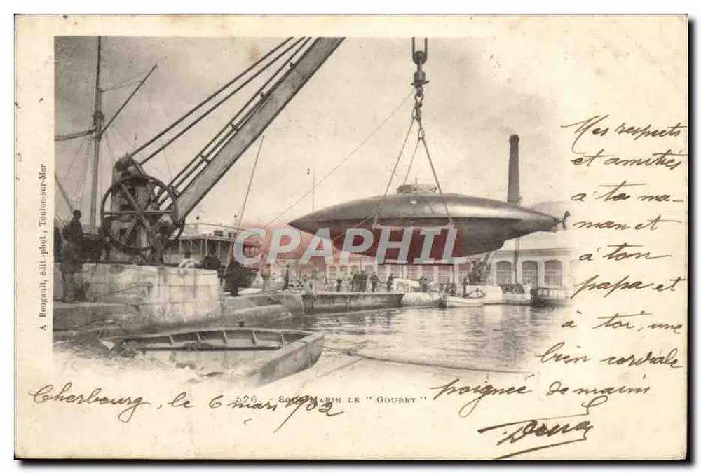 Submarino el "Goubet" — Cherbourg — A. Bougnit, editor-fotógrafo, Toulon-sur-Mer, n°526 - Anverso