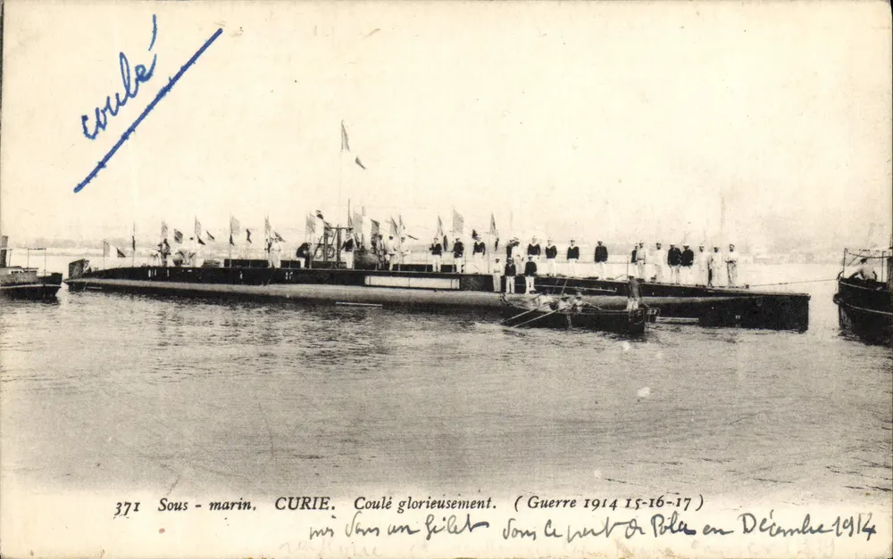 Sous-marin CURIE — Coulé glorieusement — Éditeur : Établissements d'Impressions Phototypiques Toulon, n° 371 - Recto
