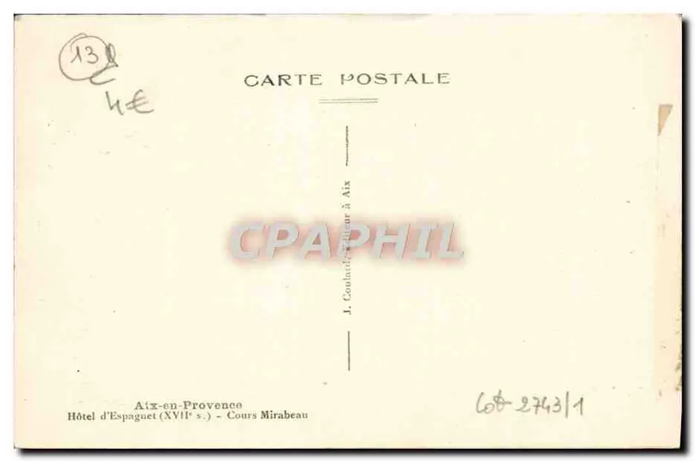Hôtel d'Espagnet — Aix-en-Provence — J. Coulard, éditeur - Verso