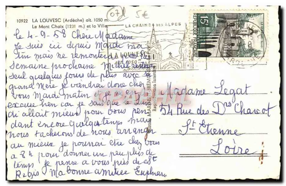 La Louvesc (Ardèche) — Panoramablick mit dem Mont Chaix (1231 m) und der Stadt — Verlag Lomiz, n° 10922 - Rückseite