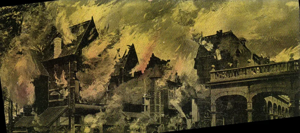Incêndio de edifícios — Exposição Universal de Bruxelas 1910 — Carte postale officielle série Valentine - Frente