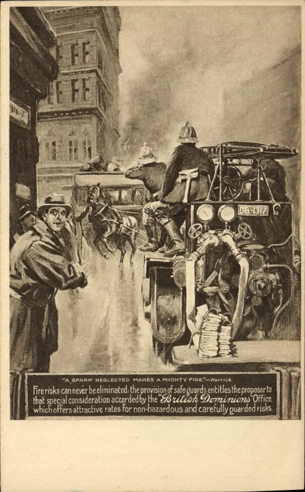Incêndio urbano — propaganda para o Office dos Dominions Britânicos — editor British Dominions Insurance Co. Ltd. - Frente