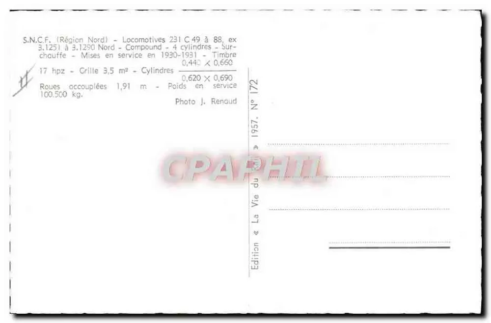 Dampflokomotive 231.C.50 — S.N.C.F. Region Nord — Édition La Vie du Rail, N° 172 - Rückseite