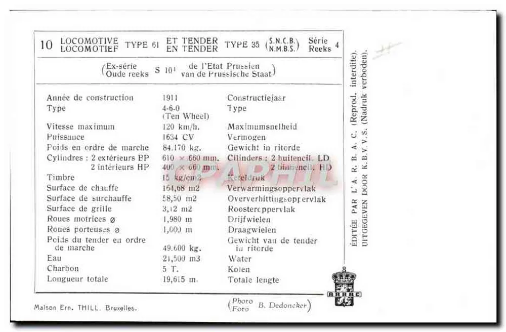 Locomotiva Tipo 61 e Tender Tipo 35 — Série 4 — Editada por L'A.R.B.C. — Bruxelas - Verso