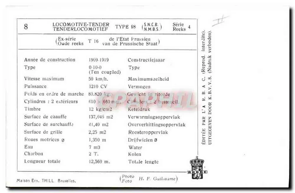 Carro de locomotiva tipo 98 — Série 4 — Casa Ern. THILL, Bruxelas - Verso