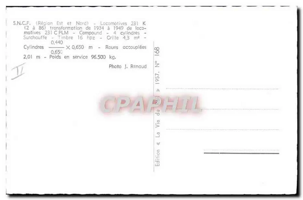 Locomotiva 231 K — S.N.C.F. (Região Leste e Norte) — Edição J. Renoud N° 168 - Verso