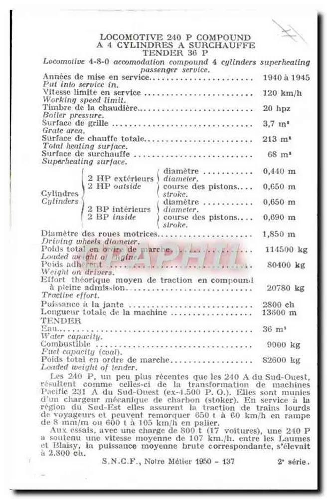 Dampflokomotive 240 P Compound — Tender 36 P — S.N.C.F., Unser Beruf 1950 - 137 - Rückseite
