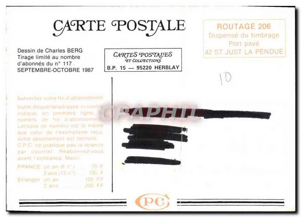Mulher sob a chuva — desenho de Charles Berg — Cartes Postales et Collections, n° 117 - Verso