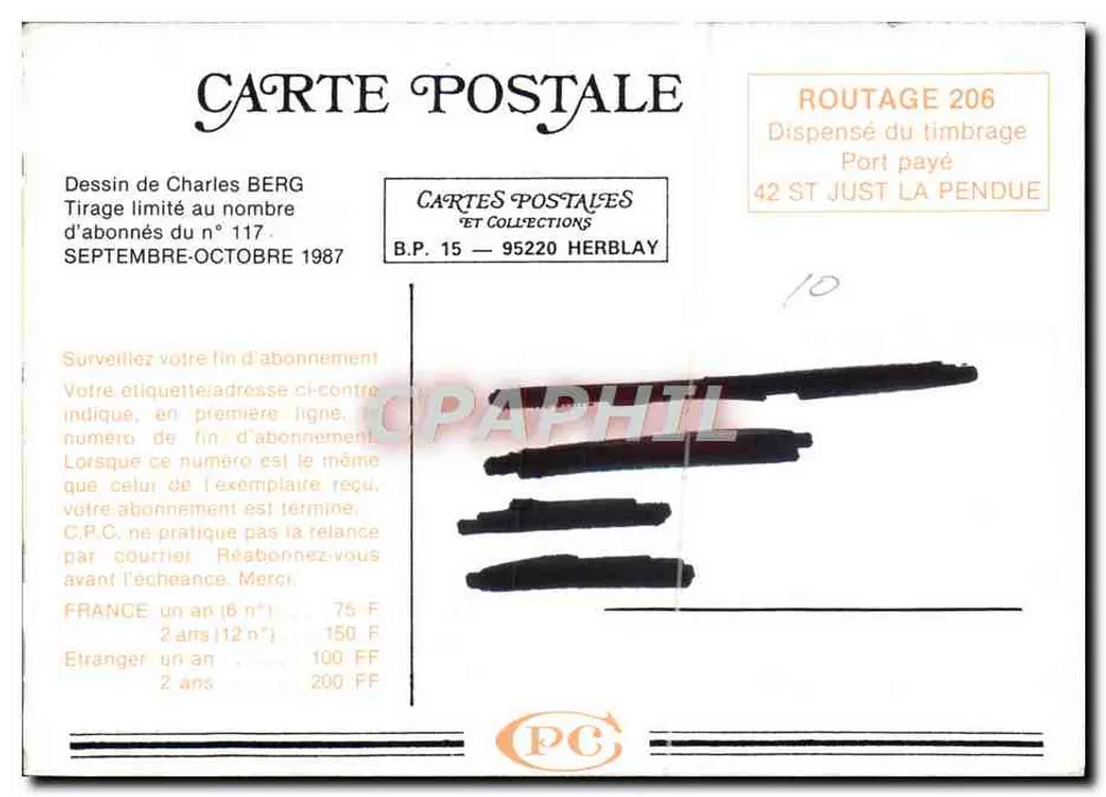 Mulher sob a chuva — desenho de Charles Berg — Cartes Postales et Collections, n° 117 - Verso