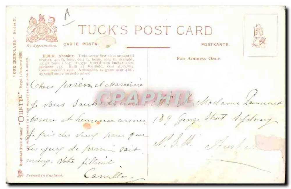 H.M.S. 'ABOUKIR' — pancernik brytyjski — Tuck's Post Card, seria II - Rewers