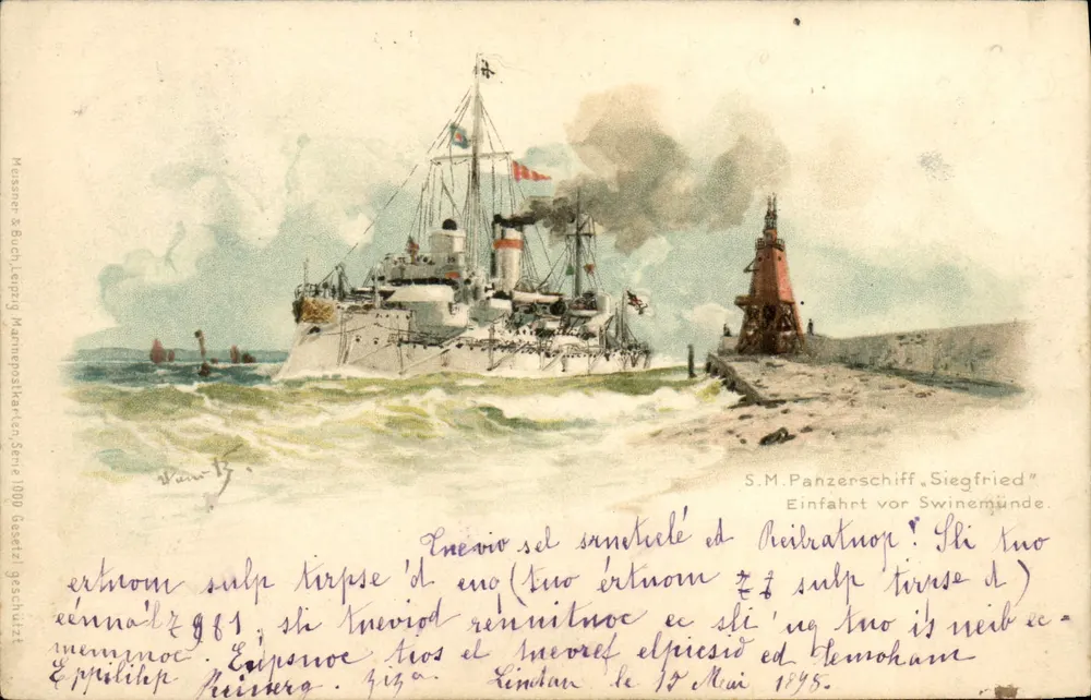 Nave da battaglia 'Siegfried' — entrata a Swinemünde — editore Messmer & Buch, Leipzig - Recto