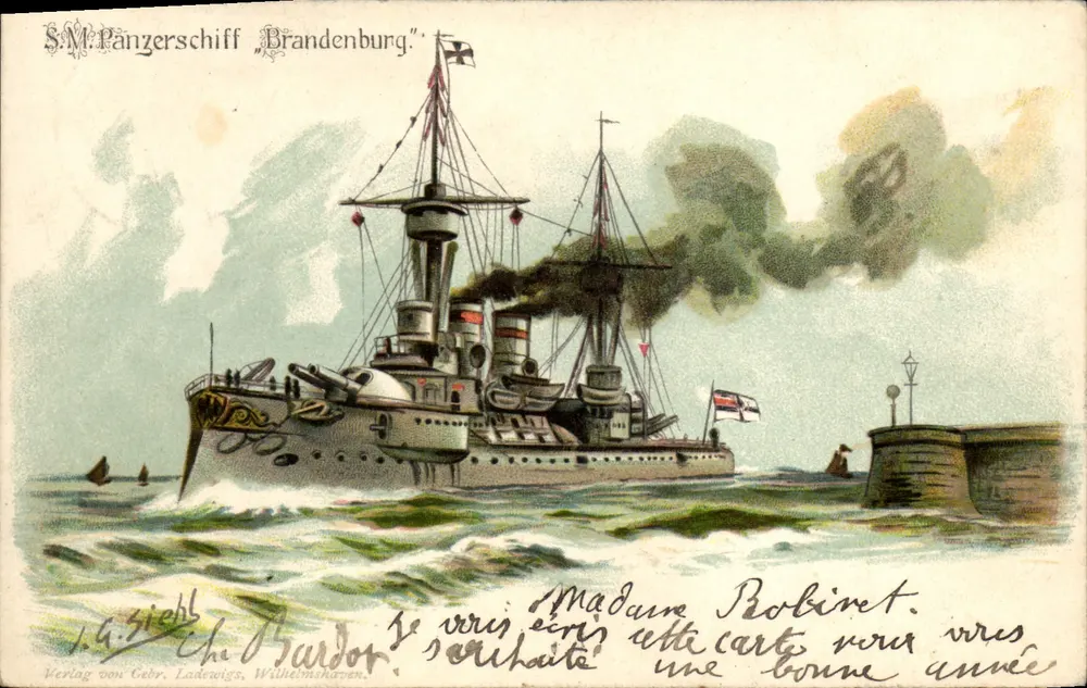 S.M. Panzerschiff Brandenburg — navio de guerra alemão — editor G. Sieghl, Wilhelmshaven - Frente