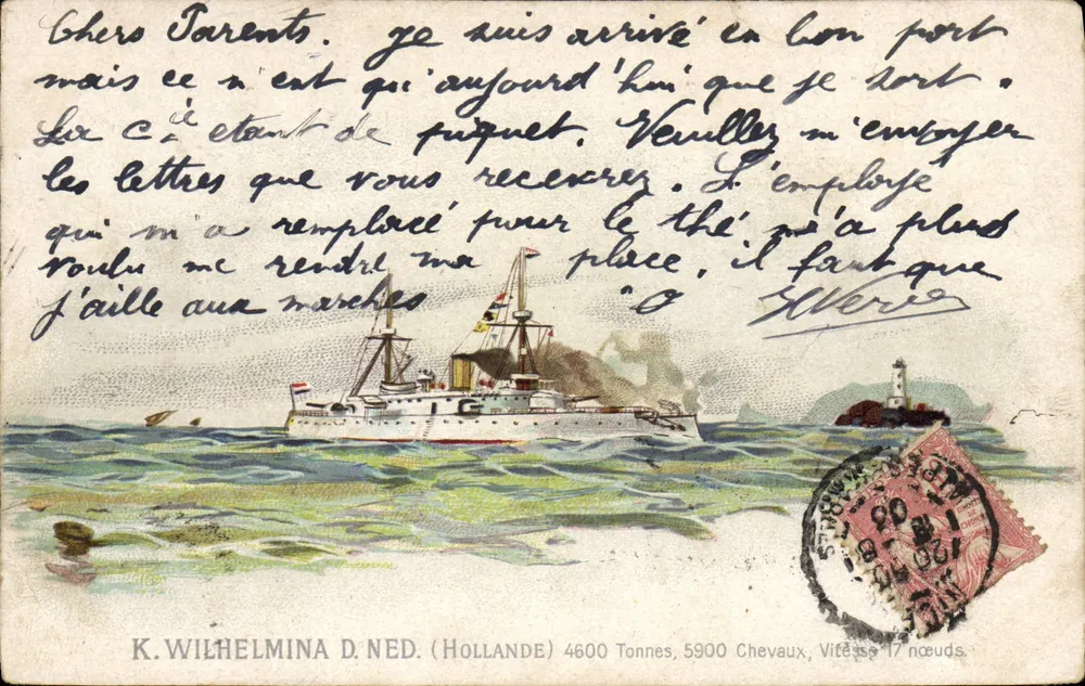 Navio K. Wilhelmina D. Ned. — Holanda — 4600 Toneladas, 5900 Cavalos, Velocidade 17 nós - Frente