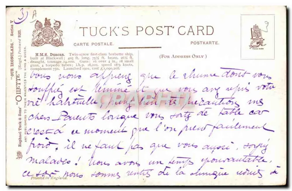 H.M.S. DUNCAN — Navio de guerra britânico — Tuck's Post Card, série V - Verso